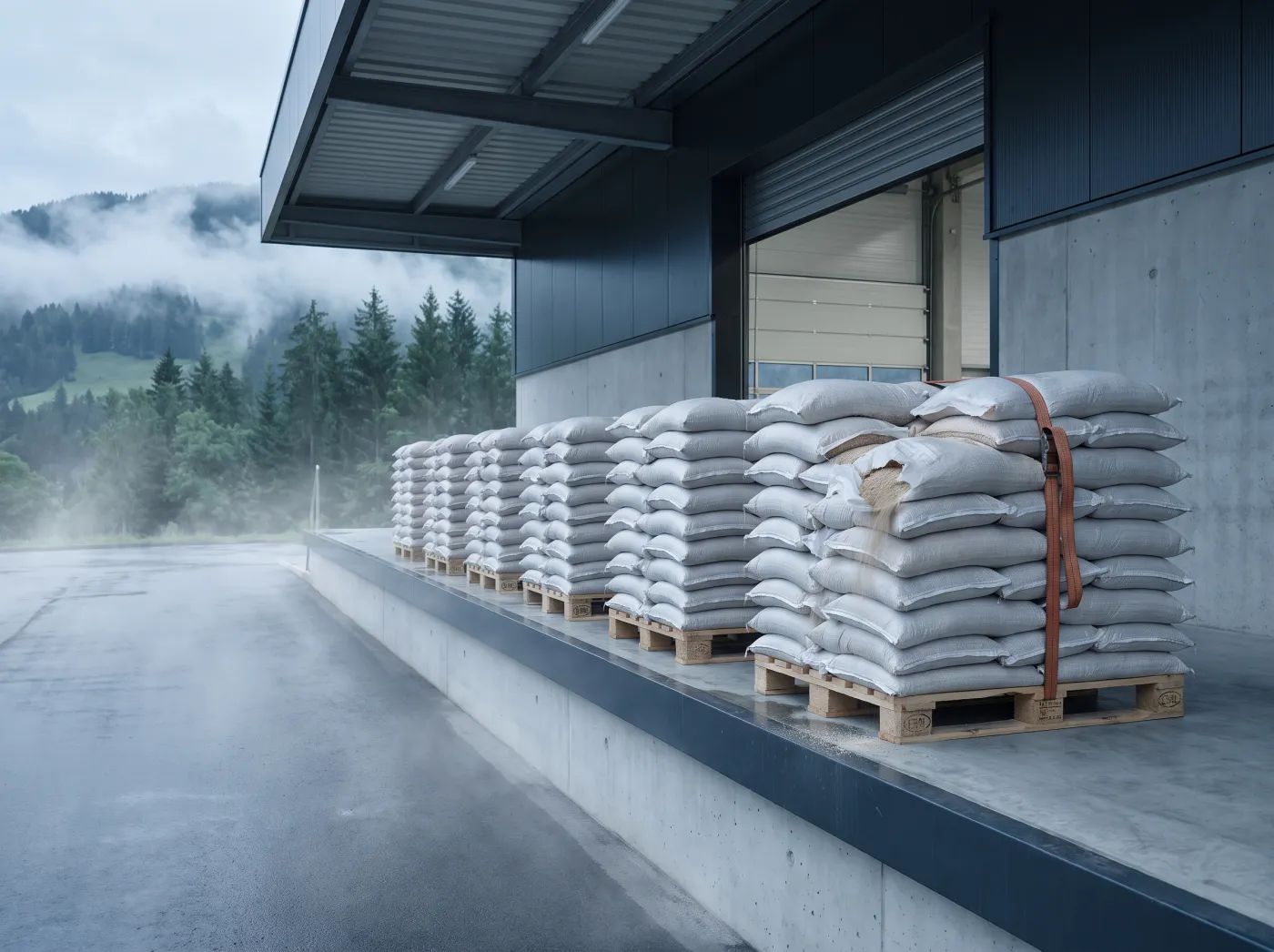 Pallets of grey sacks on a loading dock, one pallet short and marked with an orange strap