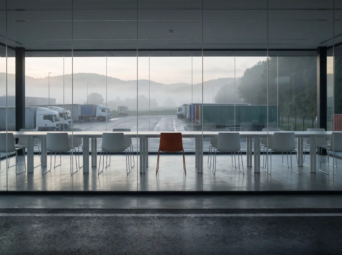 A quiet control room over a logistics yard, one orange chair among white ones